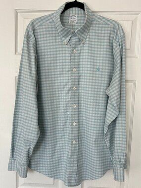 Brooks Brothers Est 1818 XL 18 37 Aqua Plaid Dress Shirt Slim Fit Non Iron